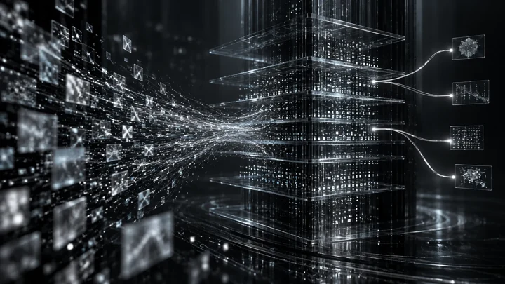 Scattered information becoming organised company knowledge, represented in a cinematic graphite and silver composition