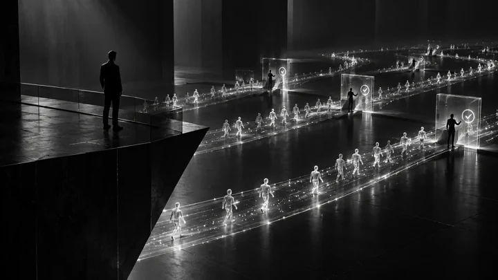 Human oversight of parallel agent work, represented in a cinematic graphite and silver composition