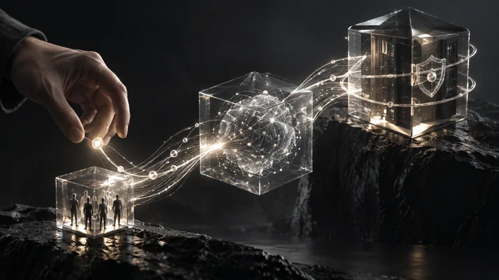 Connecting capability to governed execution, represented in a cinematic graphite and silver composition