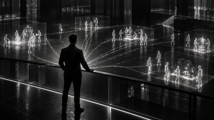 Human direction for a coordinated agent workforce, represented in a cinematic graphite and silver composition