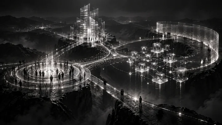 People, knowledge, applications and control, represented in a cinematic graphite and silver composition