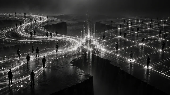 Strategy and systems working together, represented in a cinematic graphite and silver composition