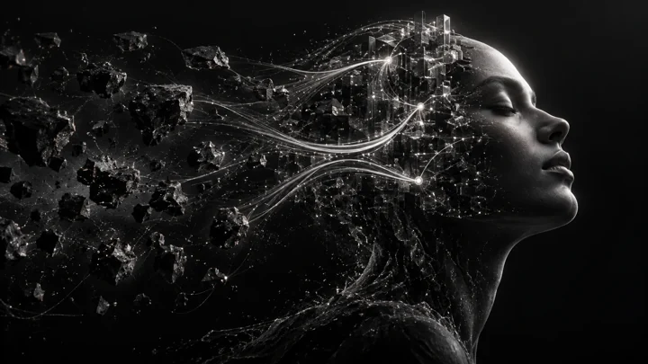 From fragmented tools to coherent operations, represented in a cinematic graphite and silver composition