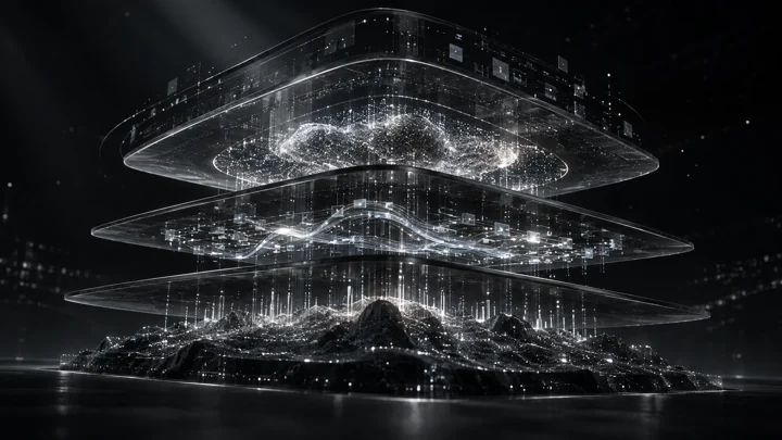 Layered foundations for reliable operation, represented in a cinematic graphite and silver composition